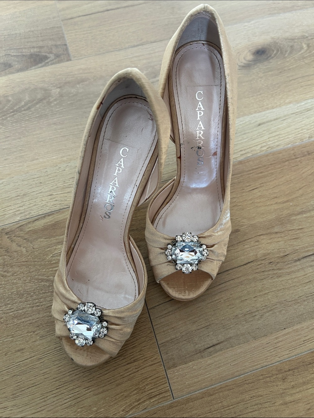 Caparros Tan Peep-Toe Heels with Crystal Brooch
